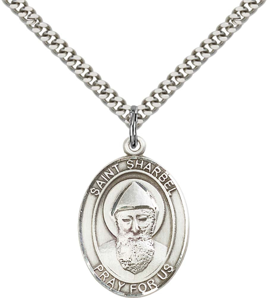 Sterling Silver St. Sharbel Pendant with 24 Inch Light Rhodium Heavy Curb Chain