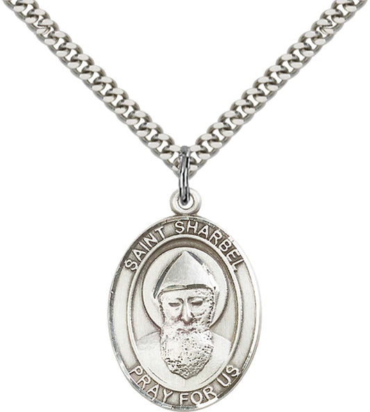 Sterling Silver St. Sharbel Pendant with 24 Inch Light Rhodium Heavy Curb Chain
