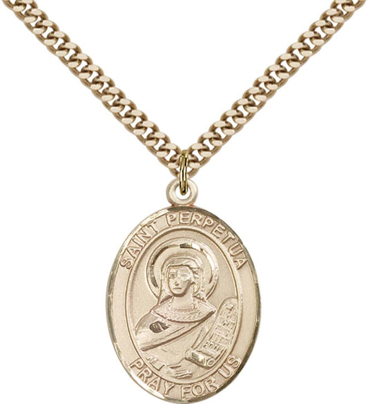 14kt Gold Filled St. Perpetua Pendant with 24 inch Gold Plate Heavy Curb Chain