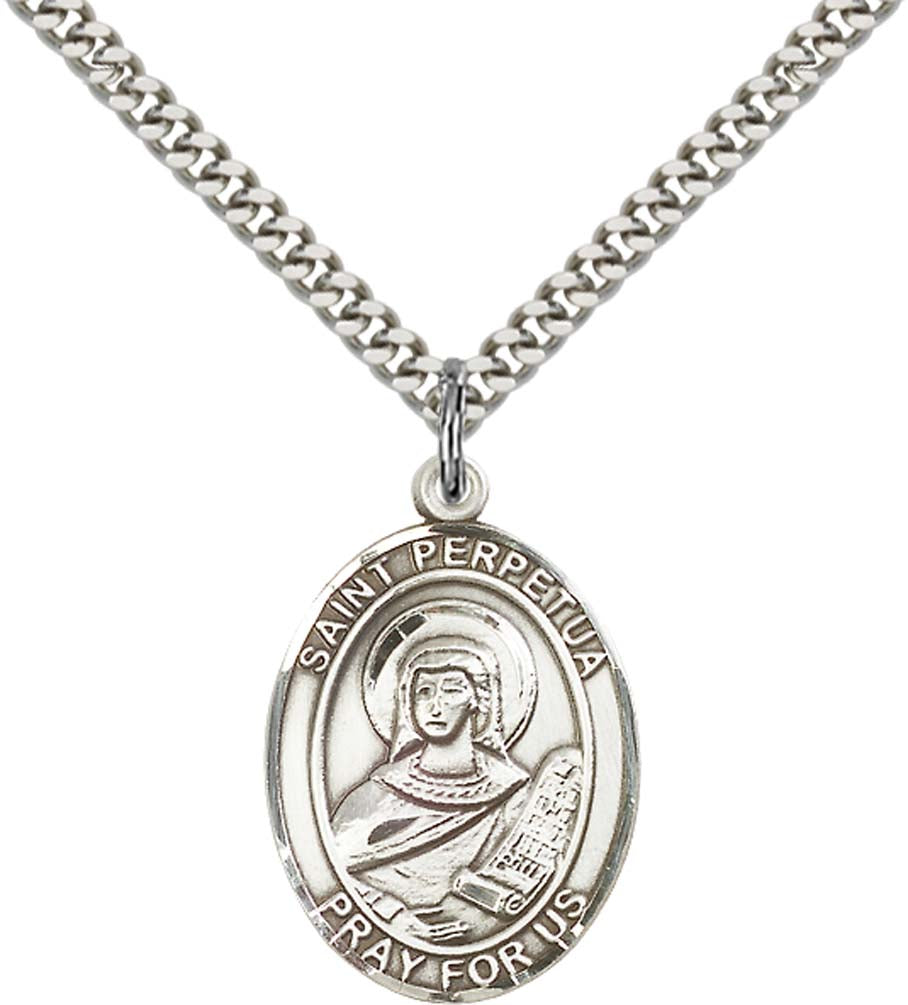 Sterling Silver St. Perpetua Pendant with 24 Inch Light Rhodium Heavy Curb Chain