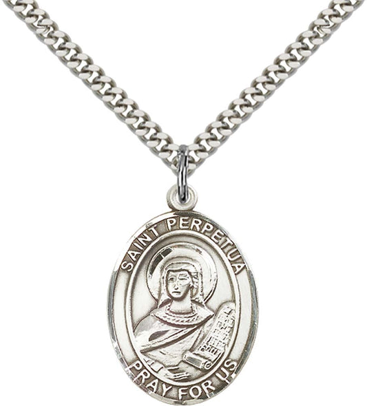 Sterling Silver St. Perpetua Pendant with 24 Inch Light Rhodium Heavy Curb Chain