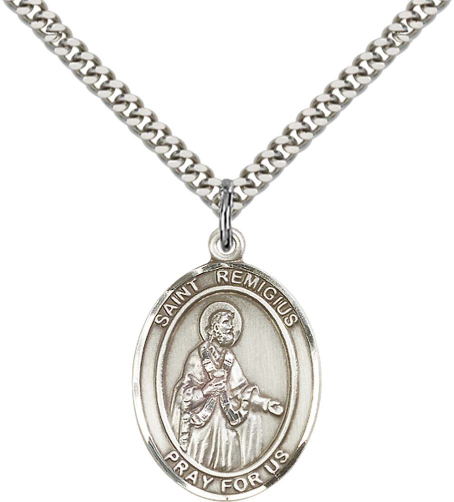 Sterling Silver St. Remigius of Reims Pendant with 24 Inch Light Rhodium Heavy Curb Chain