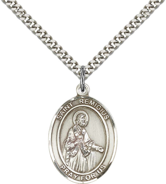 Sterling Silver St. Remigius of Reims Pendant with 24 Inch Light Rhodium Heavy Curb Chain