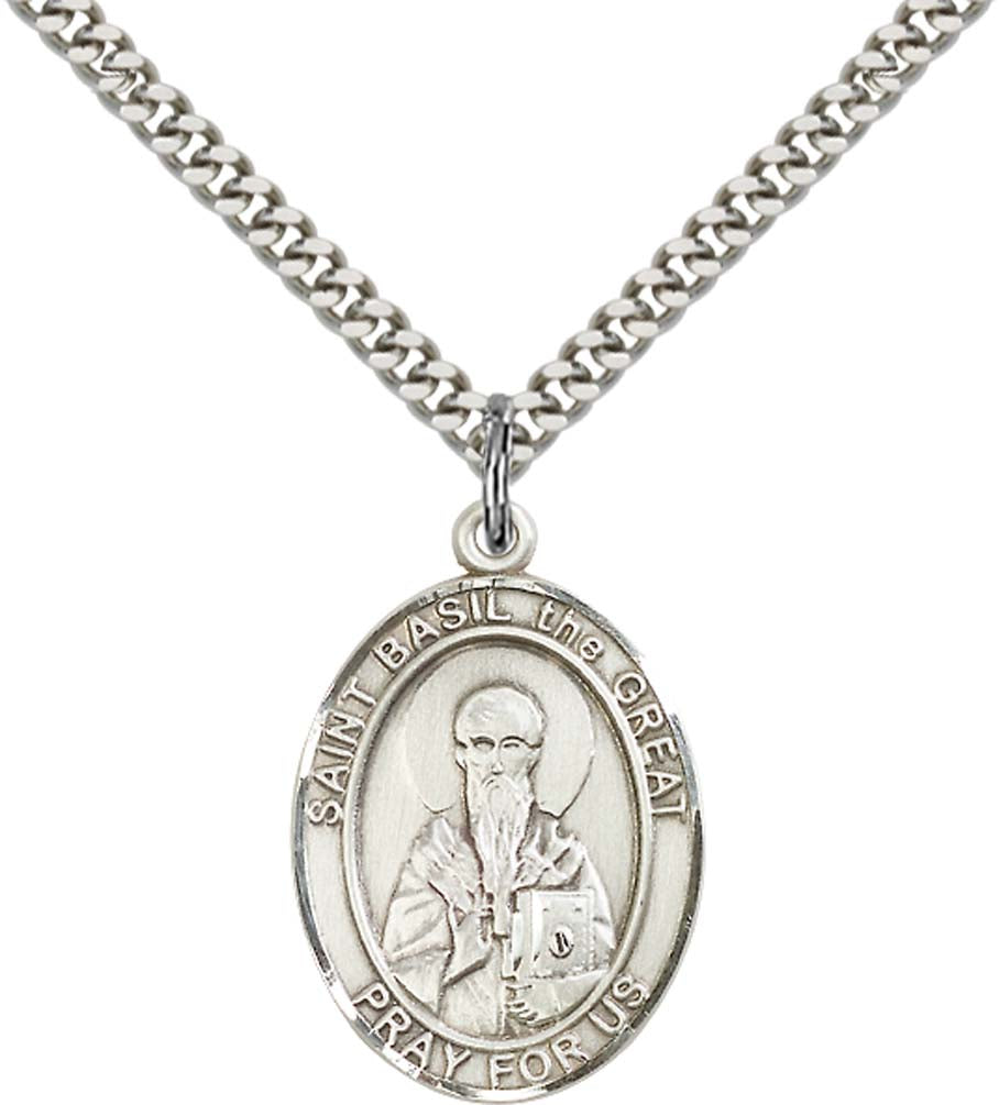 Sterling Silver St. Basil the Great Pendant with 24 Inch Light Rhodium Heavy Curb Chain