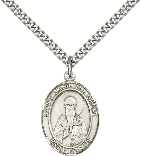 Sterling Silver St. Basil the Great Pendant with 24 Inch Light Rhodium Heavy Curb Chain