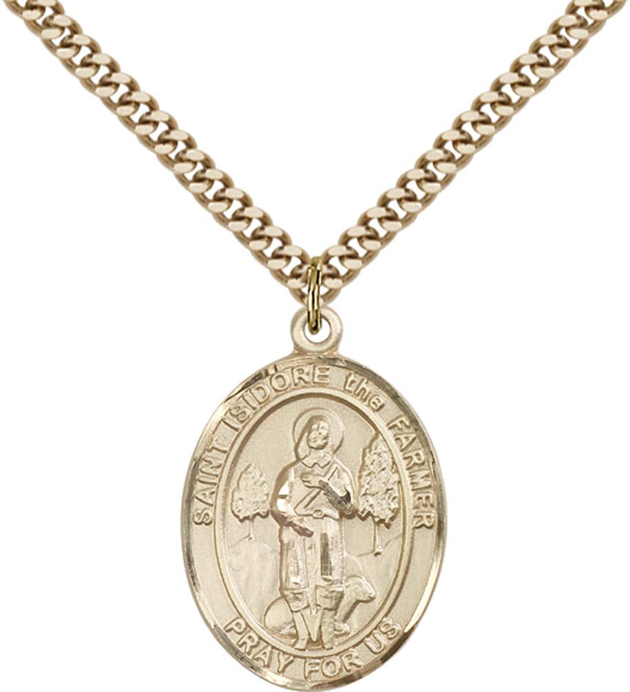 14kt Gold Filled St. Isidore the Farmer Pendant with 24 inch Gold Plate Heavy Curb Chain