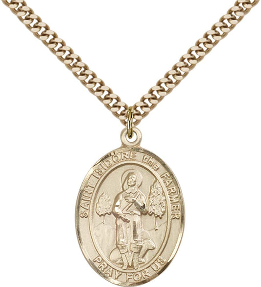 14kt Gold Filled St. Isidore the Farmer Pendant with 24 inch Gold Plate Heavy Curb Chain