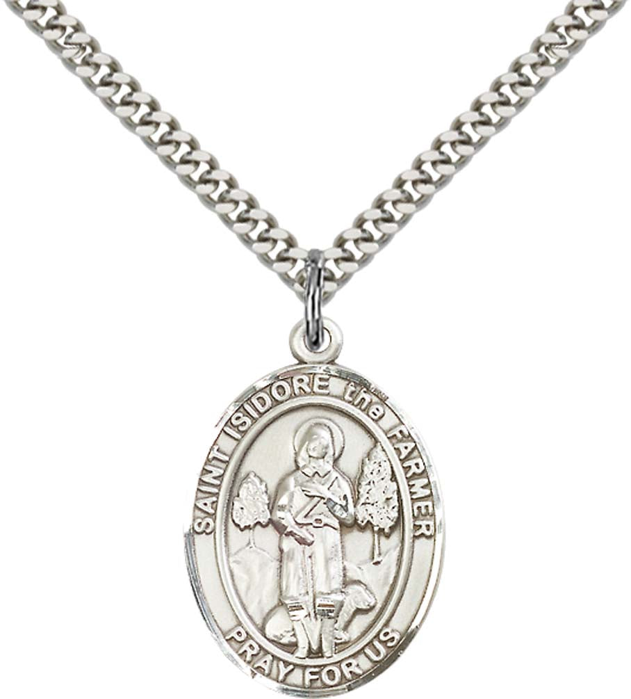 Sterling Silver St. Isidore the Farmer Pendant with 24 Inch Light Rhodium Heavy Curb Chain
