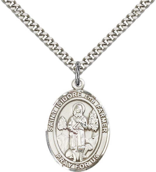 Sterling Silver St. Isidore the Farmer Pendant with 24 Inch Light Rhodium Heavy Curb Chain