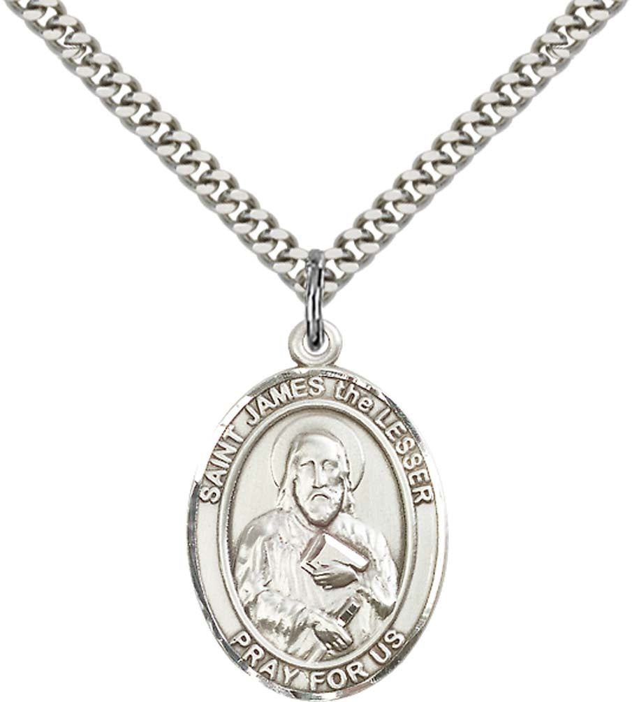 Sterling Silver St. James the Lesser Pendant with 24 Inch Light Rhodium Heavy Curb Chain