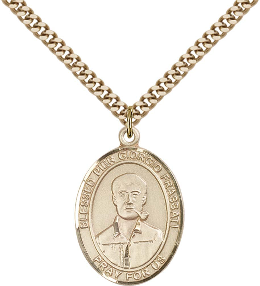 14kt Gold Filled Blessed Pier Giorgio Frassati Pendant with 24 inch Gold Plate Heavy Curb Chain