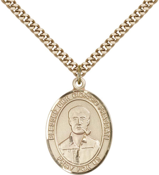14kt Gold Filled Blessed Pier Giorgio Frassati Pendant with 24 inch Gold Plate Heavy Curb Chain