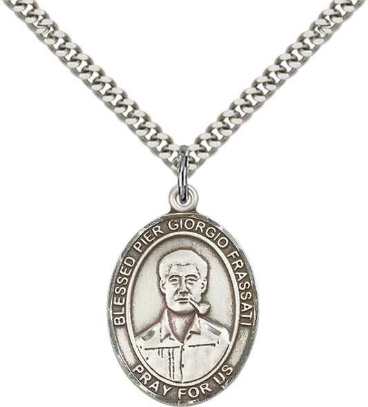 Sterling Silver Blessed Pier Giorgio Frassati Pend with 24 Inch Light Rhodium Heavy Curb Chain