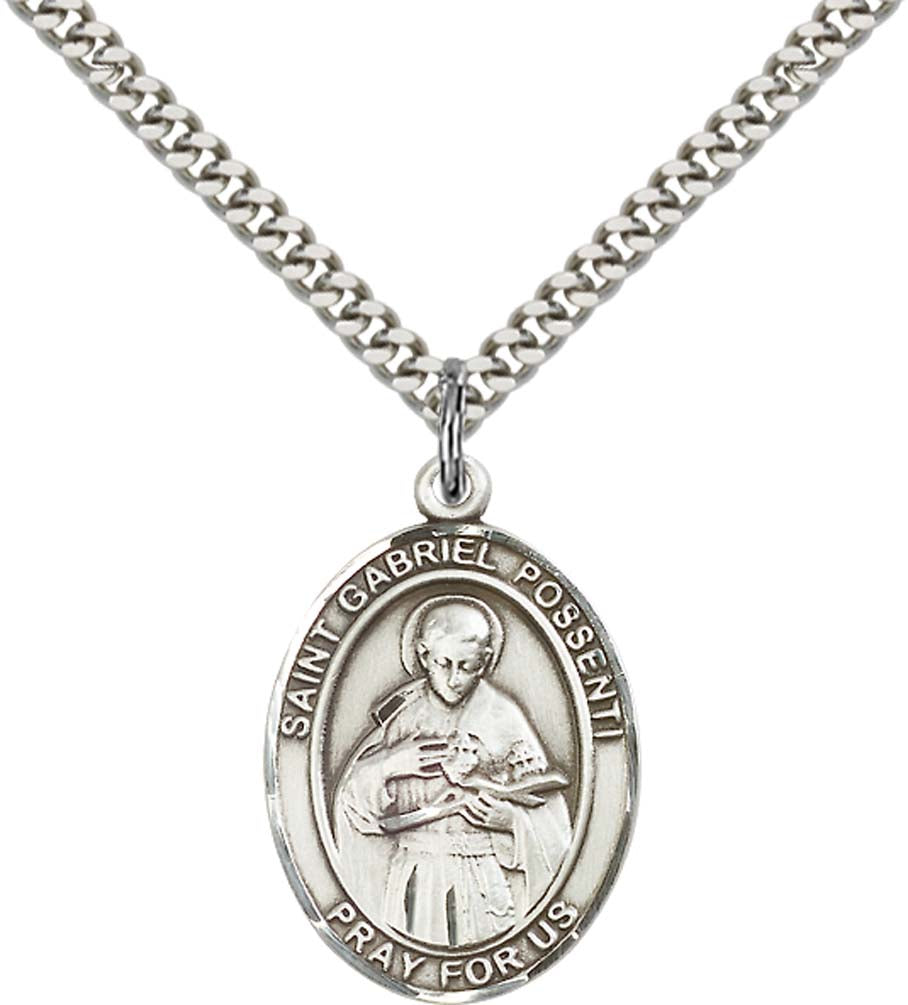 Sterling Silver St. Gabriel Possenti Pendant with 24 Inch Light Rhodium Heavy Curb Chain