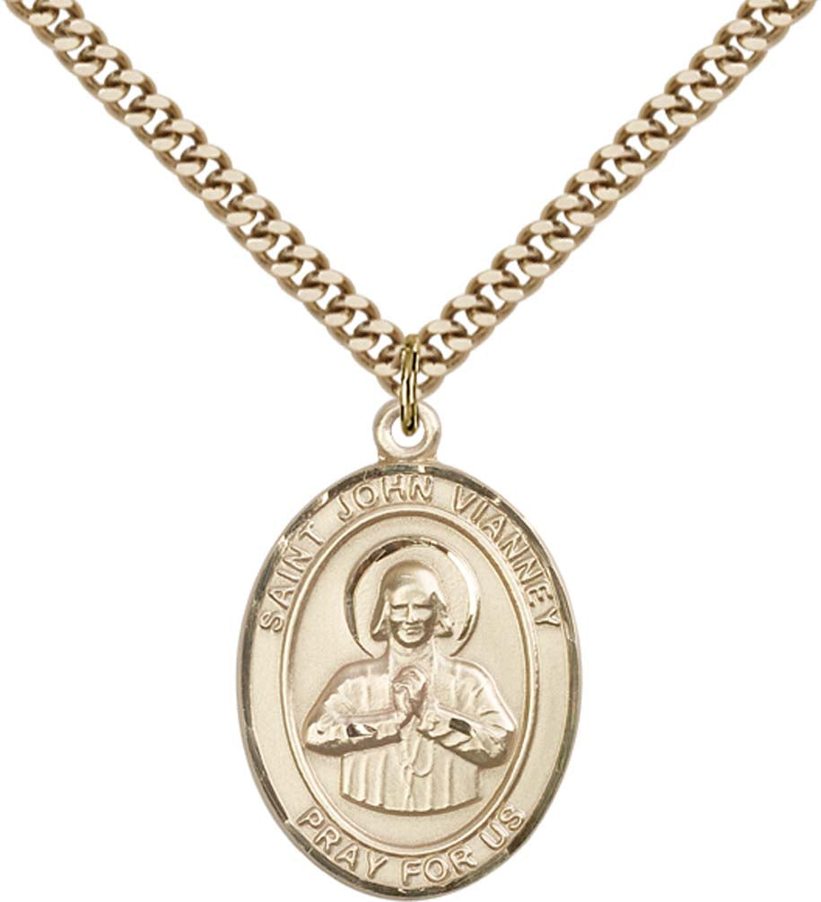14kt Gold Filled St. John Vianney Pendant with 24 inch Gold Plate Heavy Curb Chain