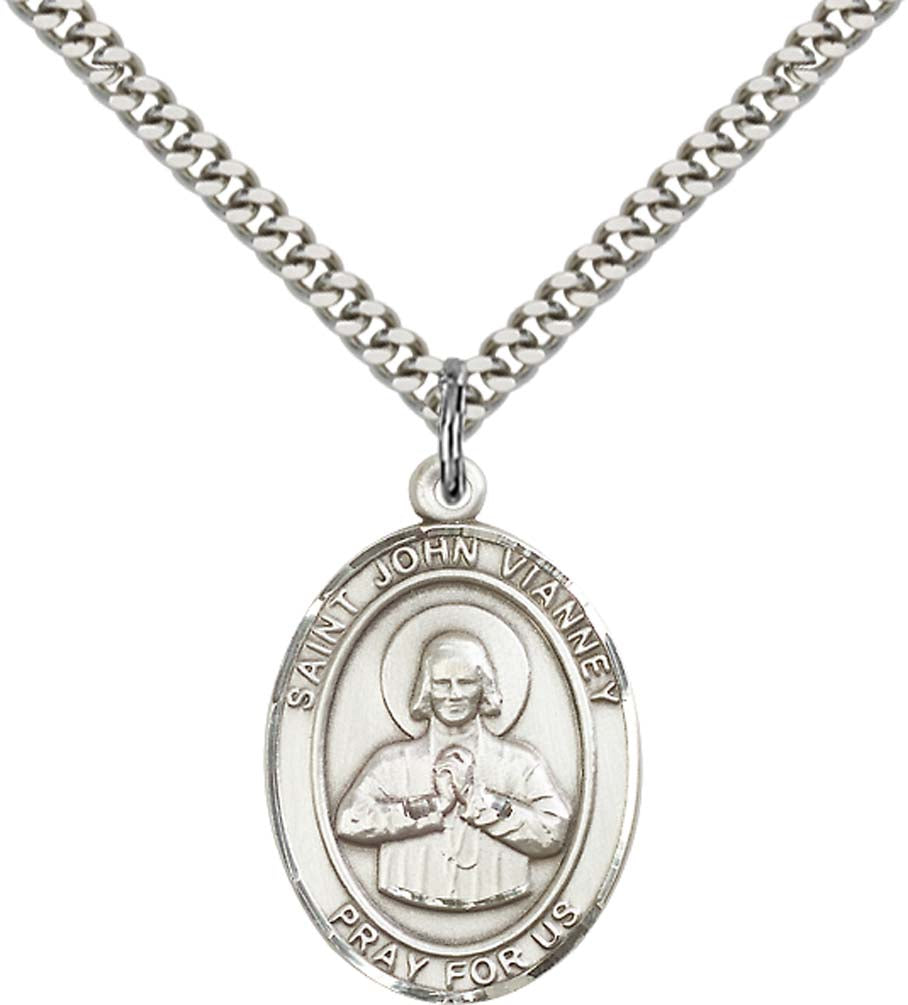 Sterling Silver St. John Vianney Pendant with 24 Inch Light Rhodium Heavy Curb Chain