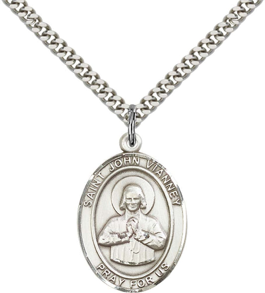 Sterling Silver St. John Vianney Pendant with 24 Inch Light Rhodium Heavy Curb Chain