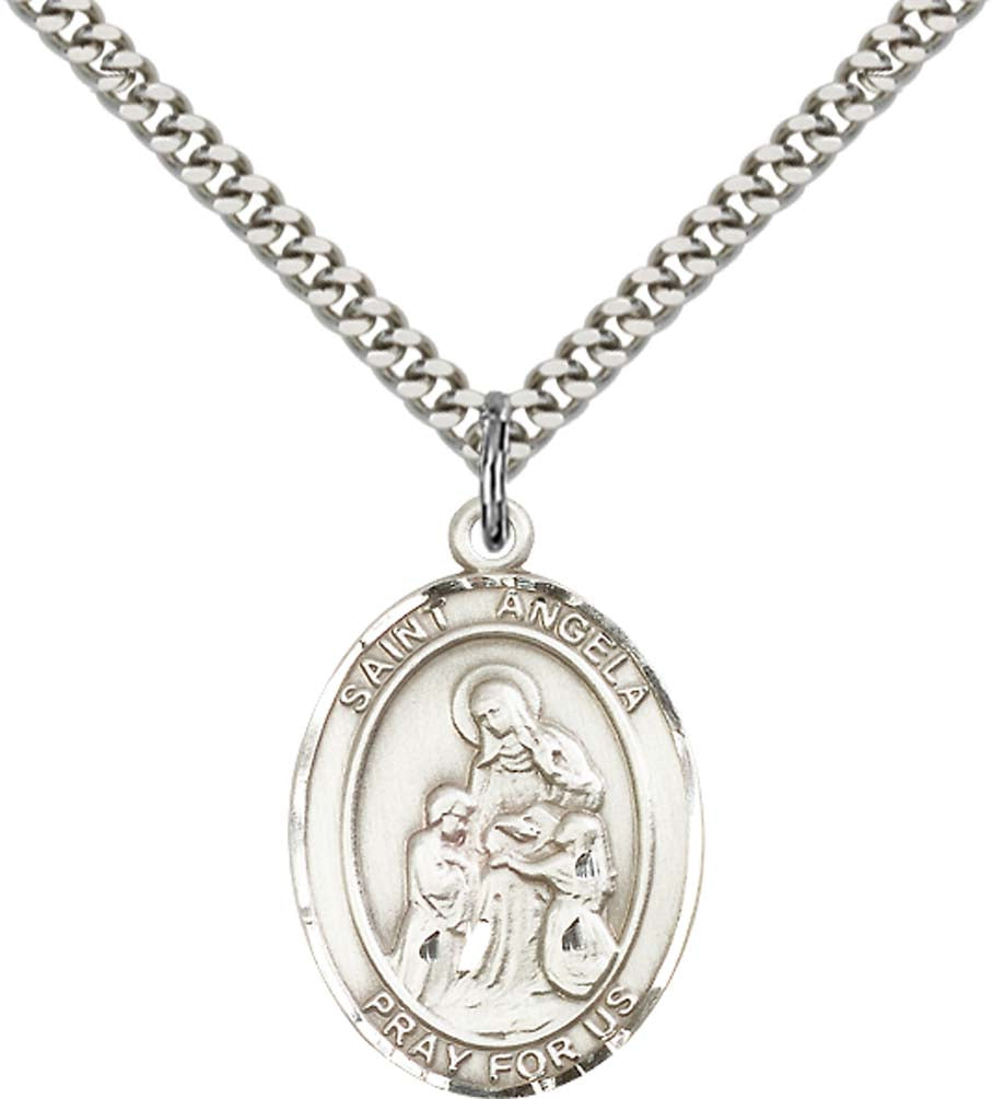 Sterling Silver St. Angela Merici Pendant with 24 Inch Light Rhodium Heavy Curb Chain