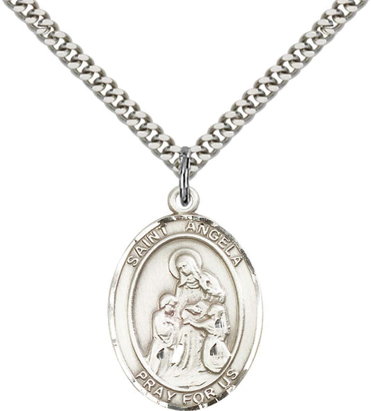 Sterling Silver St. Angela Merici Pendant with 24 Inch Light Rhodium Heavy Curb Chain