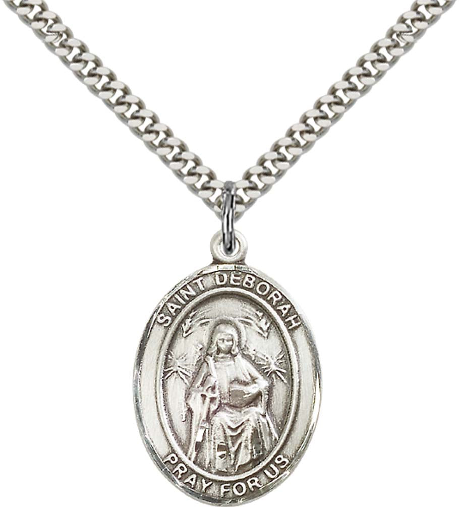Sterling Silver St. Deborah Pendant with 24 Inch Light Rhodium Heavy Curb Chain