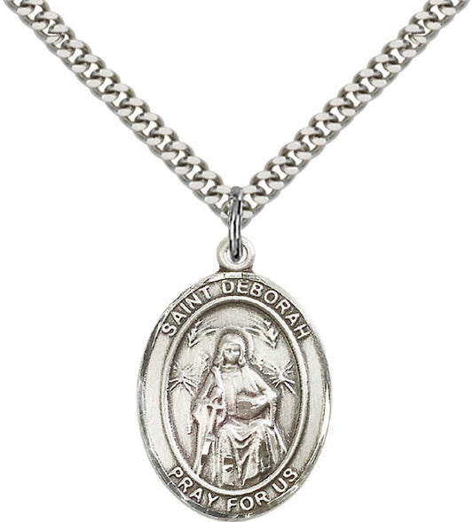 Sterling Silver St. Deborah Pendant with 24 Inch Light Rhodium Heavy Curb Chain