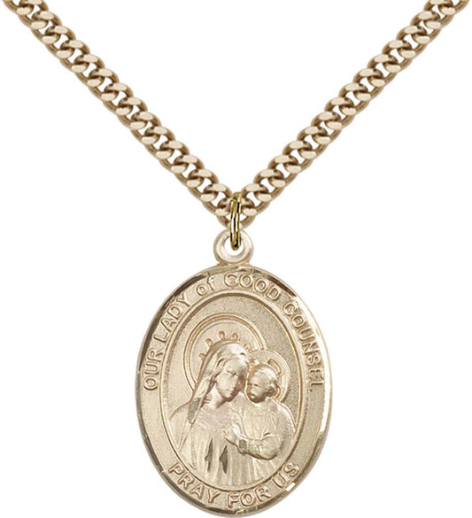 14kt Gold Filled O/L of Good Counsel Pendant with 24 inch Gold Plate Heavy Curb Chain
