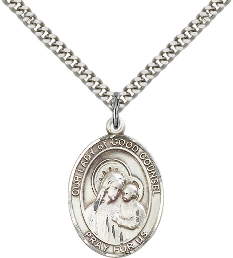 Sterling Silver O/L of Good Counsel Pendant with 24 Inch Light Rhodium Heavy Curb Chain