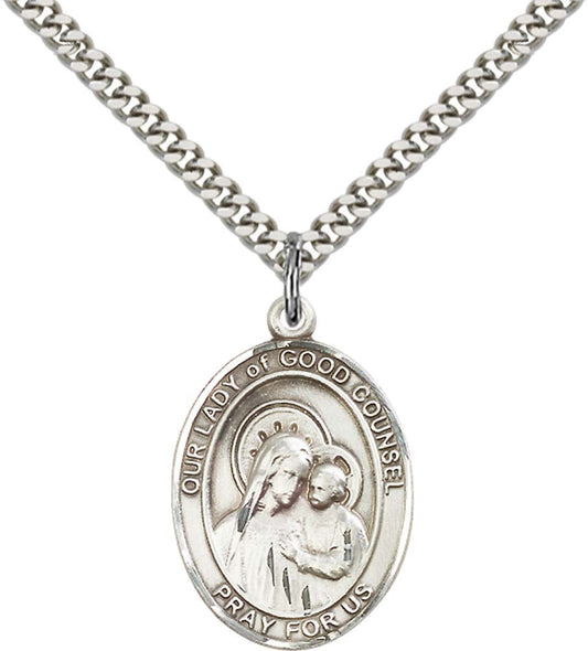 Sterling Silver O/L of Good Counsel Pendant with 24 Inch Light Rhodium Heavy Curb Chain