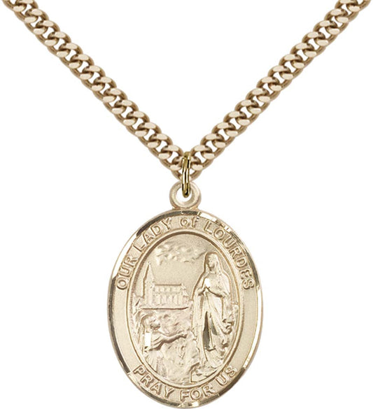 14kt Gold Filled O/L of Lourdes Pendant with 24 inch Gold Plate Heavy Curb Chain