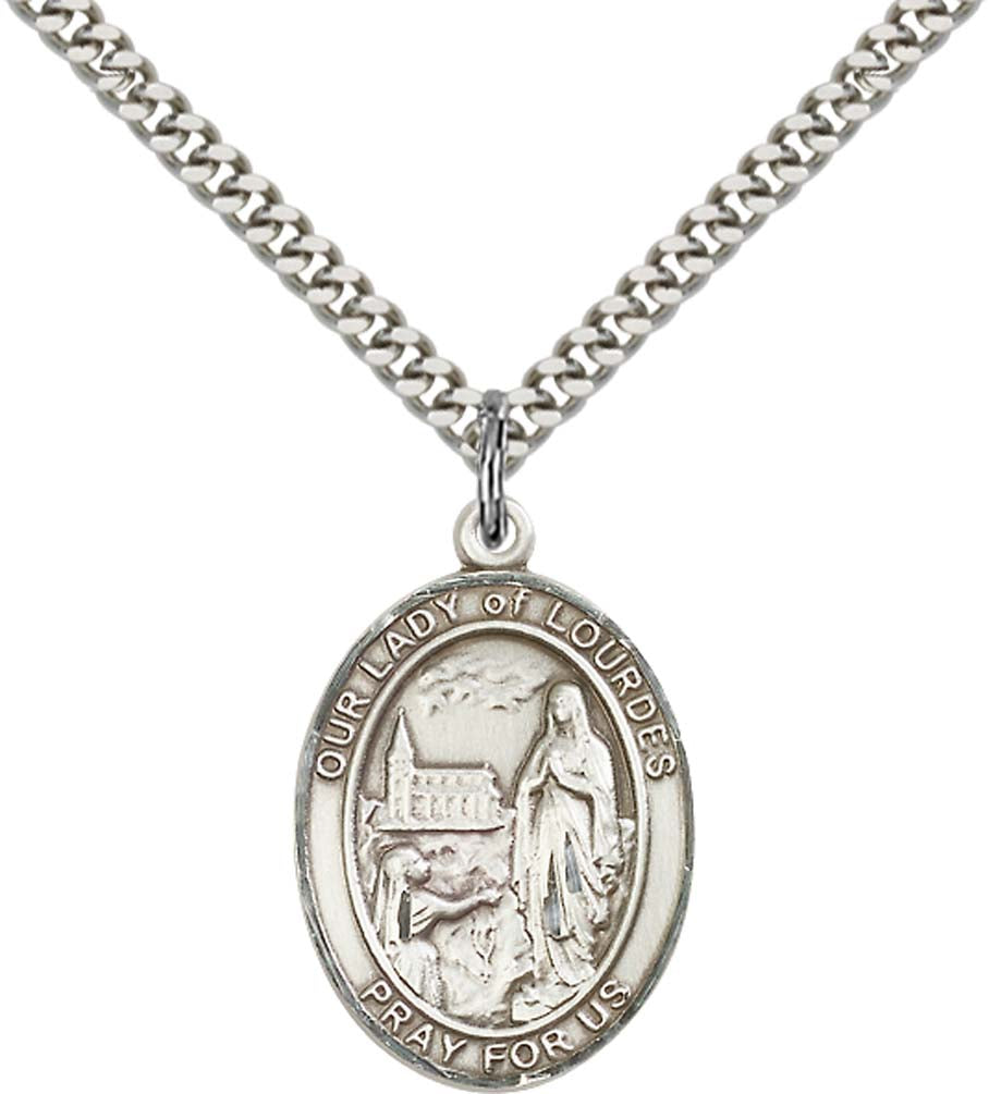 Sterling Silver O/L of Lourdes Pendant with 24 Inch Light Rhodium Heavy Curb Chain