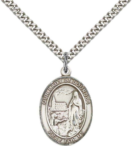Sterling Silver O/L of Lourdes Pendant with 24 Inch Light Rhodium Heavy Curb Chain
