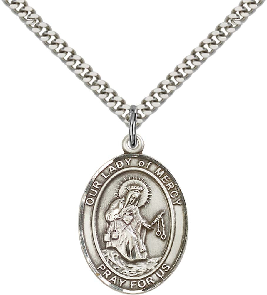 Sterling Silver O/L of Mercy Pendant with 24 Inch Light Rhodium Heavy Curb Chain