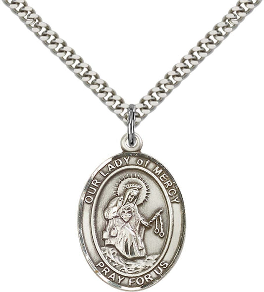 Sterling Silver O/L of Mercy Pendant with 24 Inch Light Rhodium Heavy Curb Chain