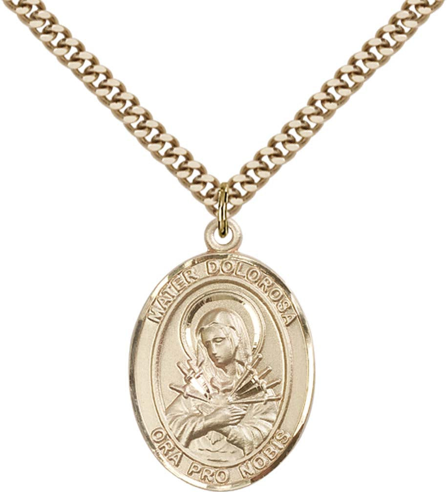 14kt Gold Filled Mater Dolorosa Pendant with 24 inch Gold Plate Heavy Curb Chain