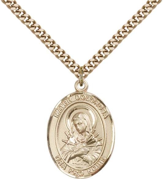14kt Gold Filled Mater Dolorosa Pendant with 24 inch Gold Plate Heavy Curb Chain