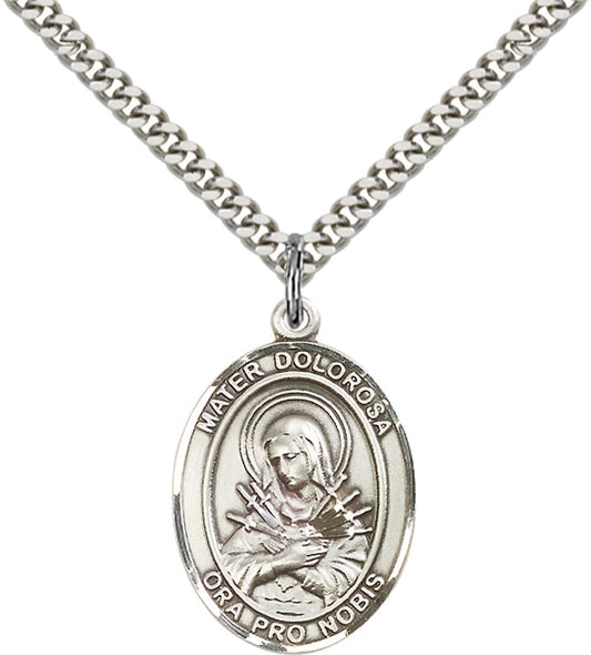 Sterling Silver Mater Dolorosa Pendant with 24 Inch Light Rhodium Heavy Curb Chain