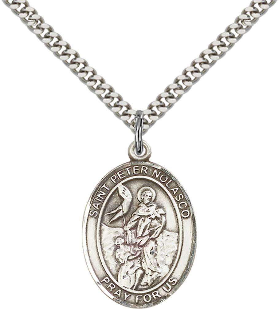 Sterling Silver St. Peter Nolasco Pendant with 24 Inch Light Rhodium Heavy Curb Chain