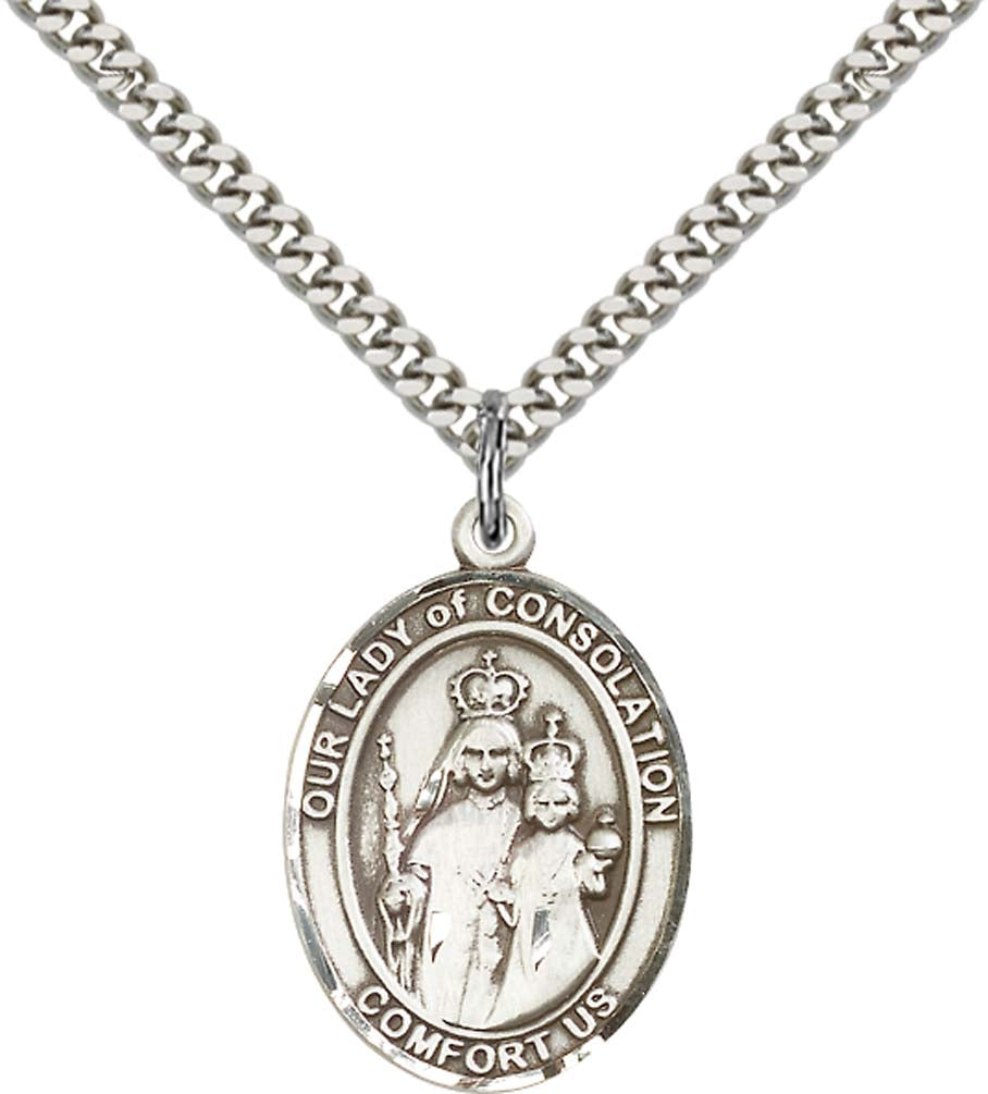 Sterling Silver O/L of Consolation Pendant with 24 Inch Light Rhodium Heavy Curb Chain