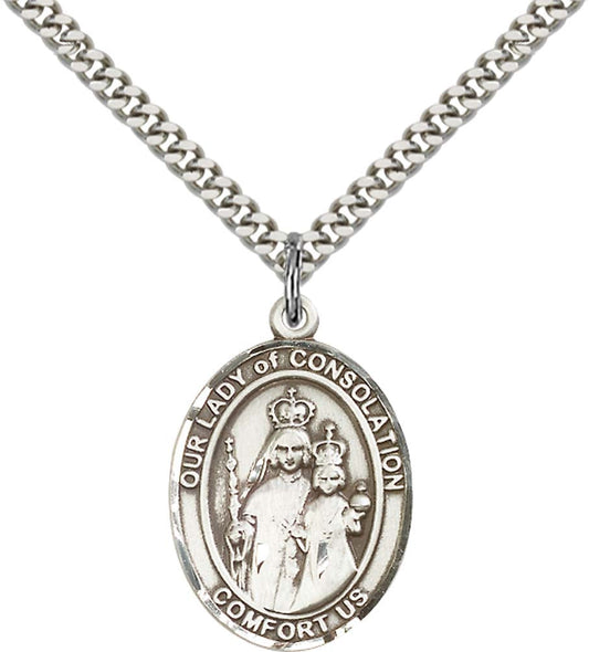 Sterling Silver O/L of Consolation Pendant with 24 Inch Light Rhodium Heavy Curb Chain