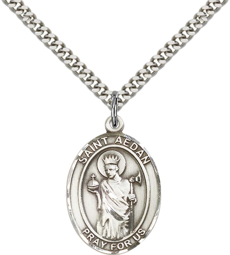 Sterling Silver St. Aedan of Ferns Pendant with 24 Inch Light Rhodium Heavy Curb Chain