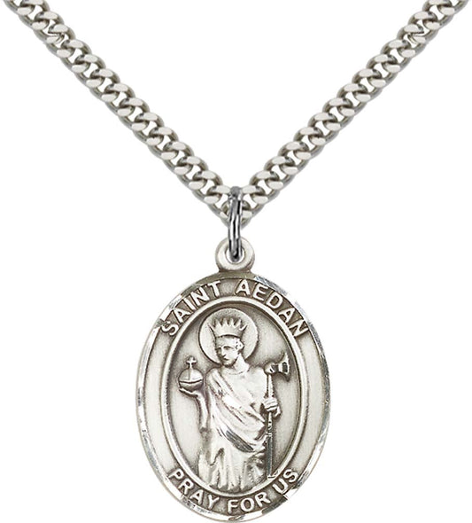 Sterling Silver St. Aedan of Ferns Pendant with 24 Inch Light Rhodium Heavy Curb Chain