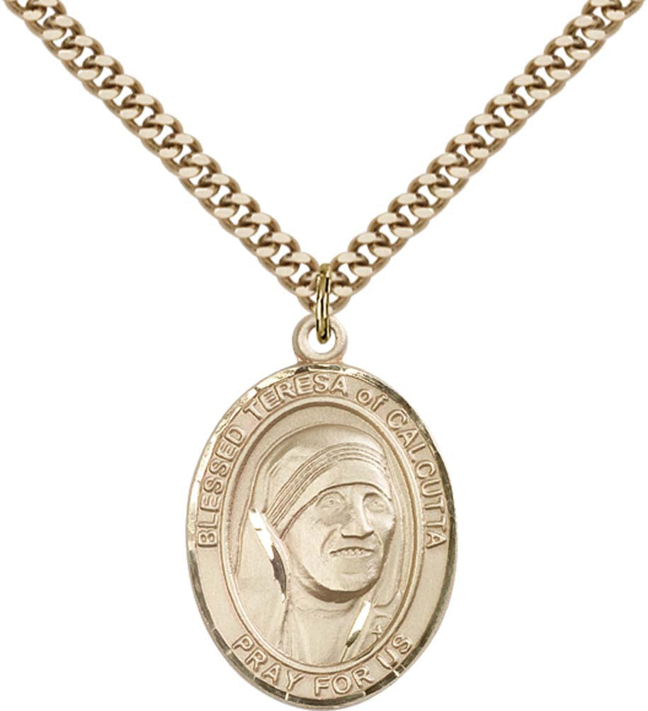 14kt Gold Filled Blessed Teresa of Calcutta Pendant with 24 inch Gold Plate Heavy Curb Chain