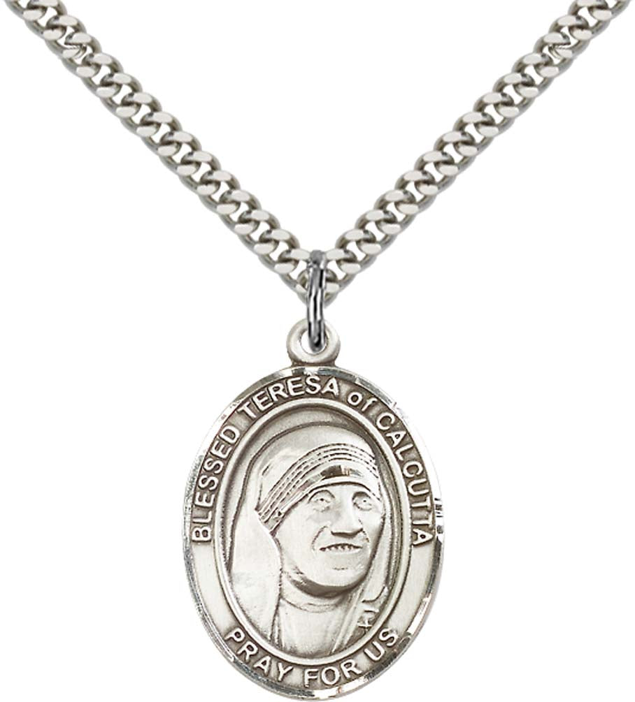 Sterling Silver Blessed Teresa of Calcutta Pendant with 24 Inch Light Rhodium Heavy Curb Chain