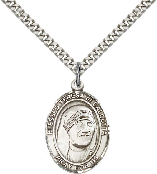 Sterling Silver Blessed Teresa of Calcutta Pendant with 24 Inch Light Rhodium Heavy Curb Chain
