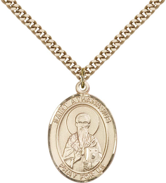 14kt Gold Filled St. Athanasius Pendant with 24 inch Gold Plate Heavy Curb Chain