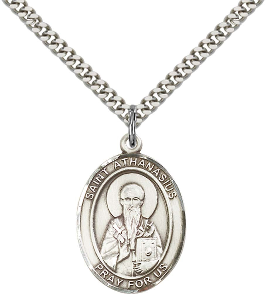 Sterling Silver St. Athanasius Pendant with 24 Inch Light Rhodium Heavy Curb Chain