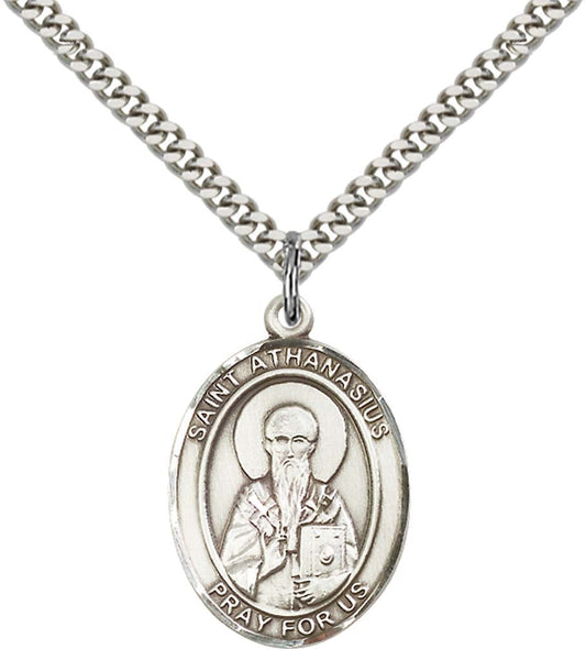Sterling Silver St. Athanasius Pendant with 24 Inch Light Rhodium Heavy Curb Chain