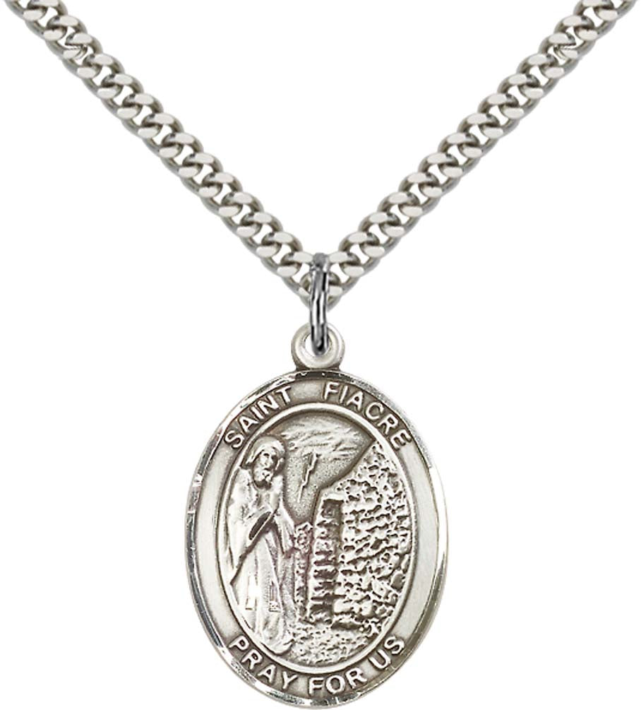 Sterling Silver St. Fiacre Pendant with 24 Inch Light Rhodium Heavy Curb Chain