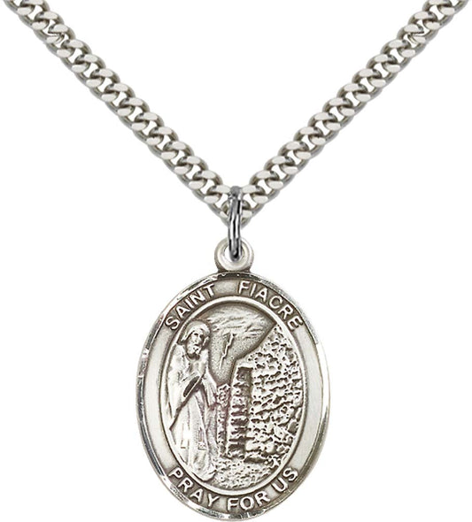 Sterling Silver St. Fiacre Pendant with 24 Inch Light Rhodium Heavy Curb Chain
