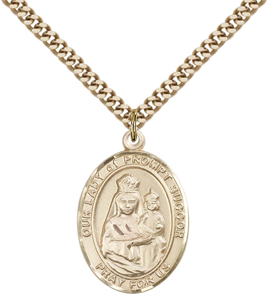 14kt Gold Filled O/L of Prompt Succor Pendant with 24 inch Gold Plate Heavy Curb Chain